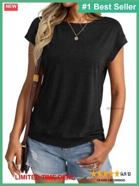 Womens Crewneck Cap Sleeve T-Shirt Banded Bottom Loose Fit
